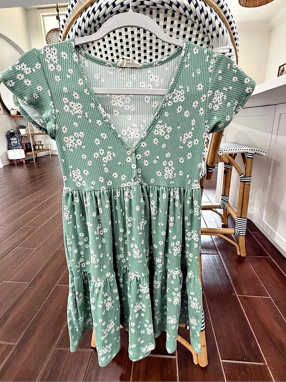 See You Monday Green Daisy Floral Tiered Babydoll Mini Dress XS Cottagecore